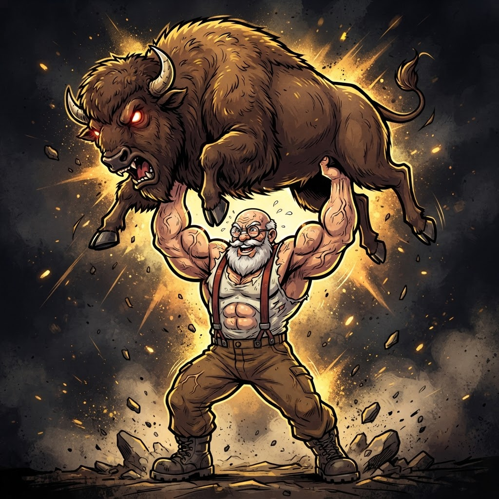 A buff grandpa in suspenders overhead-pressing a giant bison